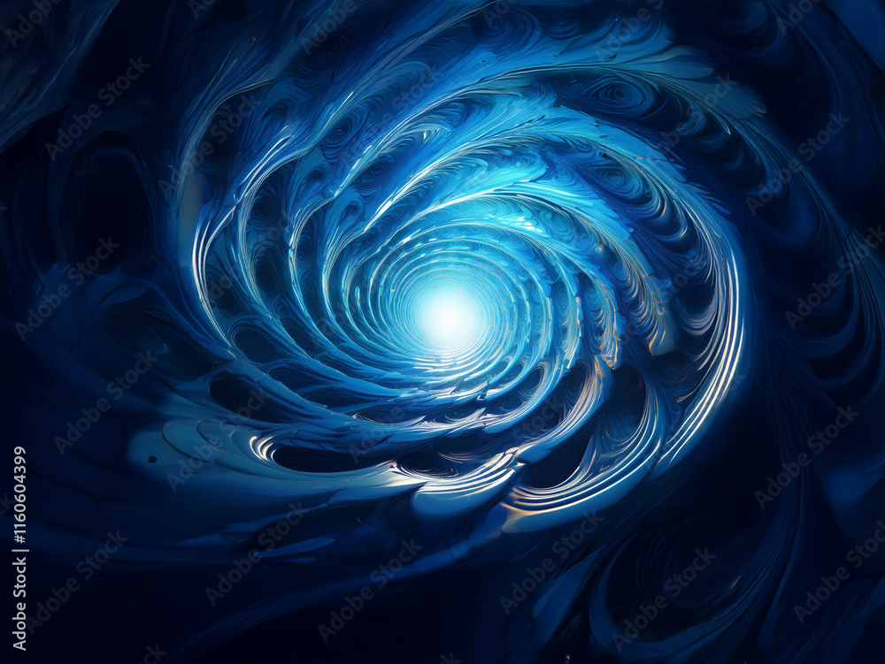 Poster a mesmerizing blue spiral tunnel leads to a bright light at its center. the swirling patterns create
