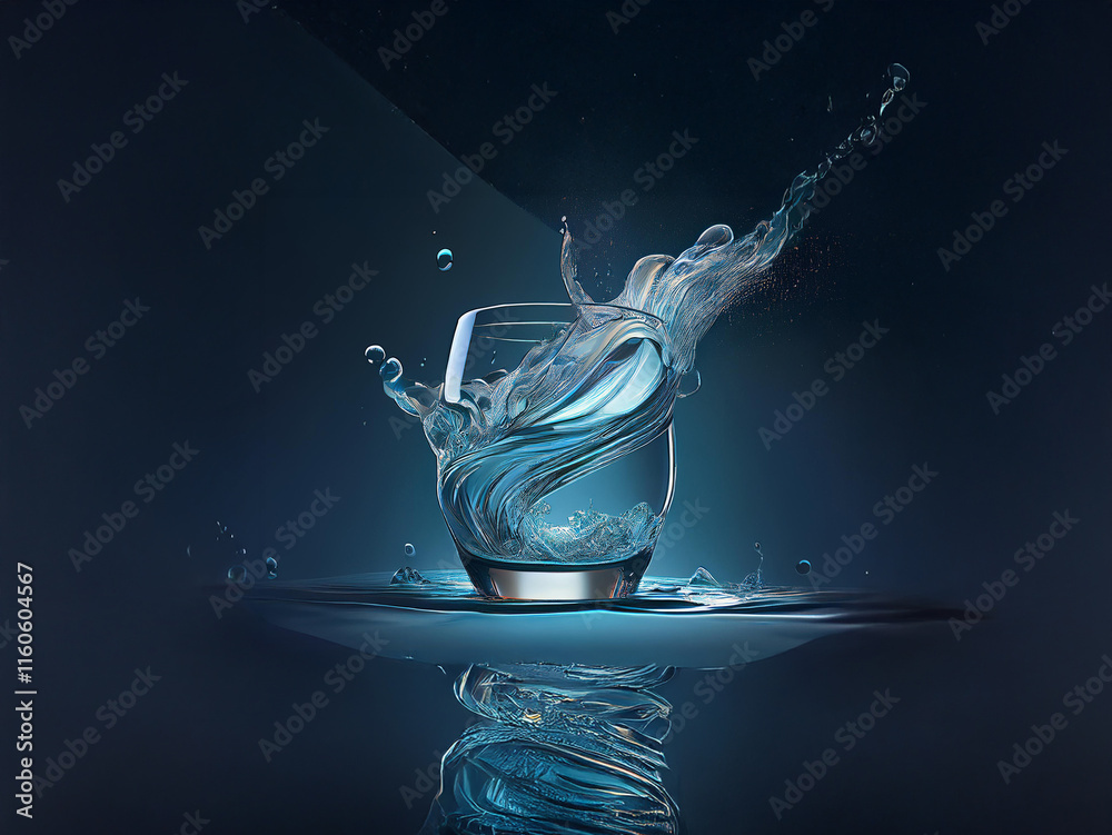 Poster A glass of water with a dynamic splash frozen in time, illuminated with a cool blue light against a dark background. The water's reflection creates an artistic ripple effect.