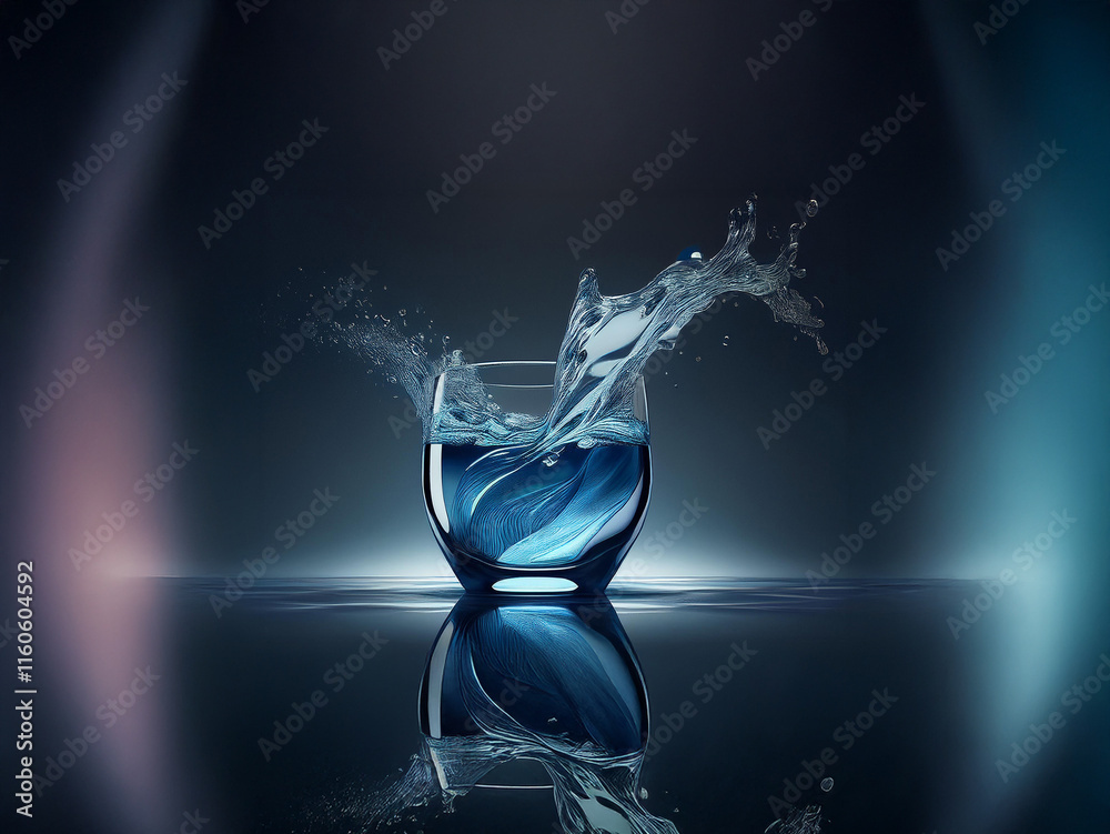 Poster a glass of water, dramatically splashed, sits on a reflective surface. the blue liquid and dynamic m
