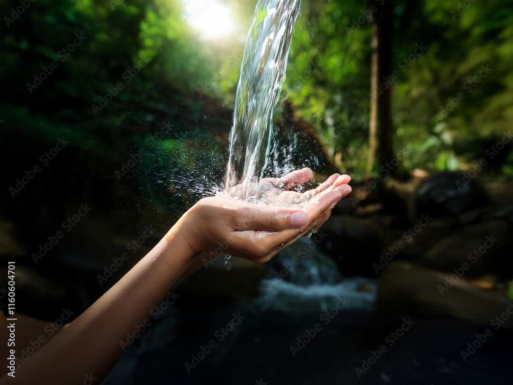 Poster sunlight streams through lush foliage as pure water cascades from a source into cupped hands. a tran