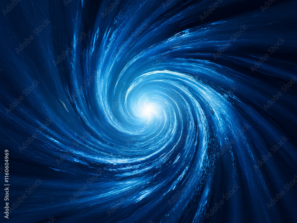 Poster a mesmerizing blue spiral vortex, swirling into a bright center. the luminous core emanates energy, 