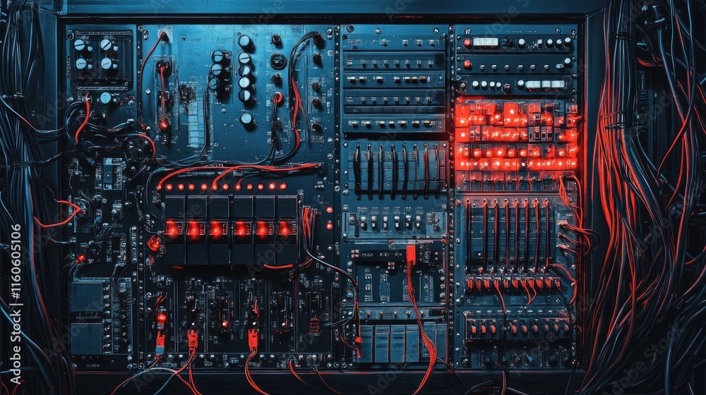 Poster high-tech electrical control board filled with wires and switches, ensuring proper management of ele