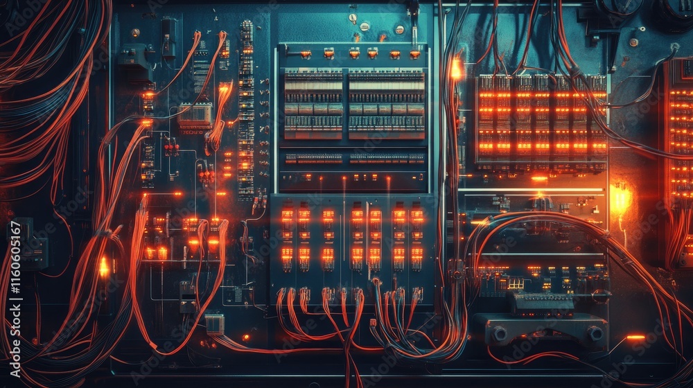 Poster High-tech electrical control board filled with wires and switches, ensuring proper management of electricity in automated systems.