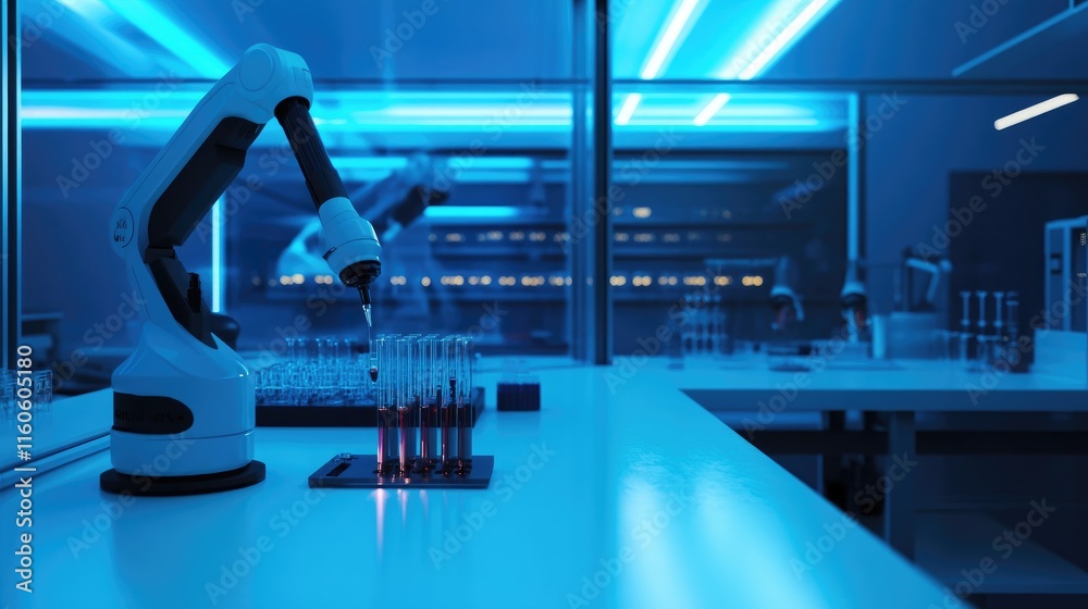 Aufkleber High-tech laboratory automation setup with robotic equipment handling samples and ensuring precise measurements and tests.