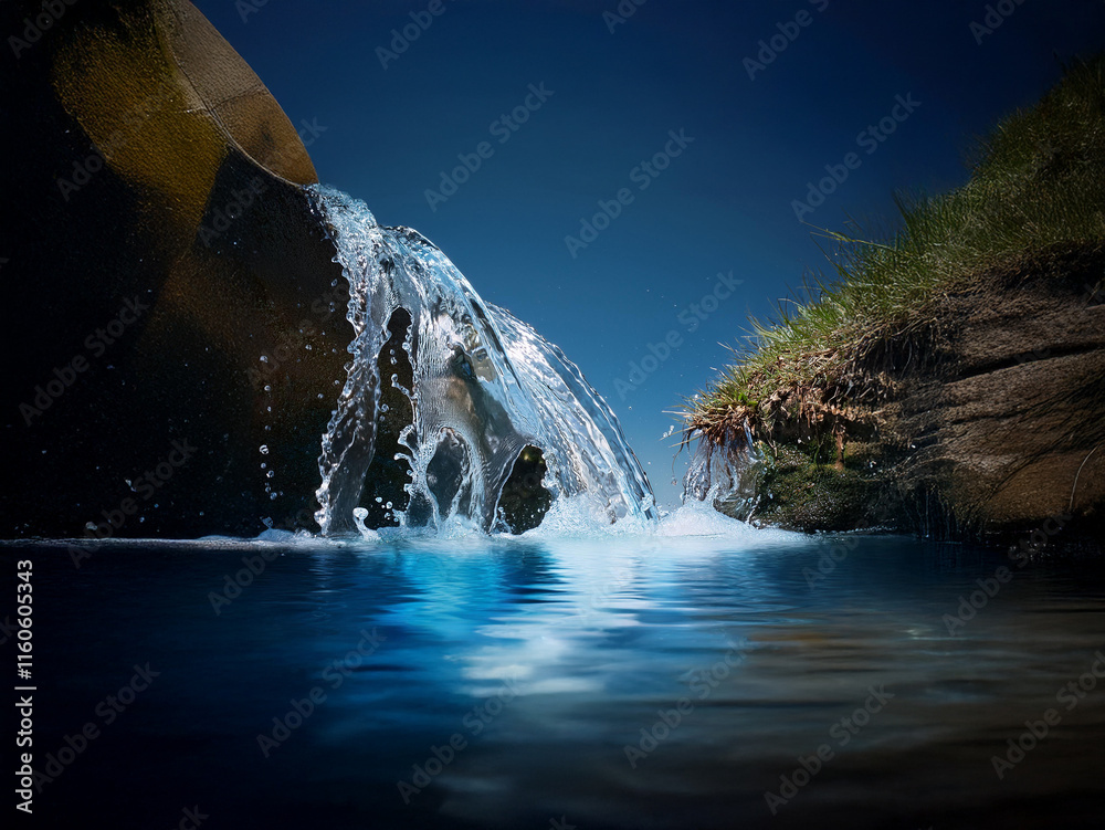 Poster serene waterfall cascading from rock into a tranquil pool. sunlight glints off the water's surface, 