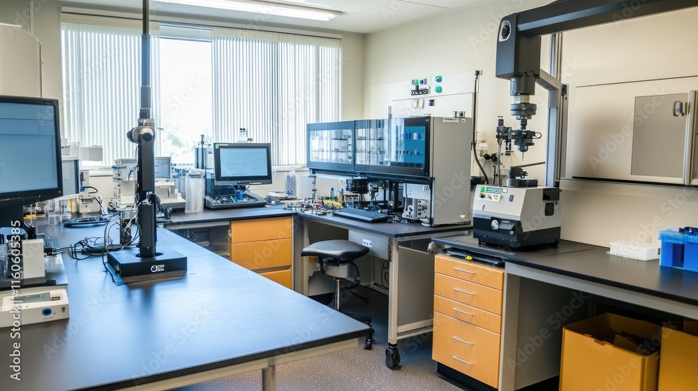 Poster High-tech laboratory automation setup with robotic equipment handling samples and ensuring precise measurements and tests.