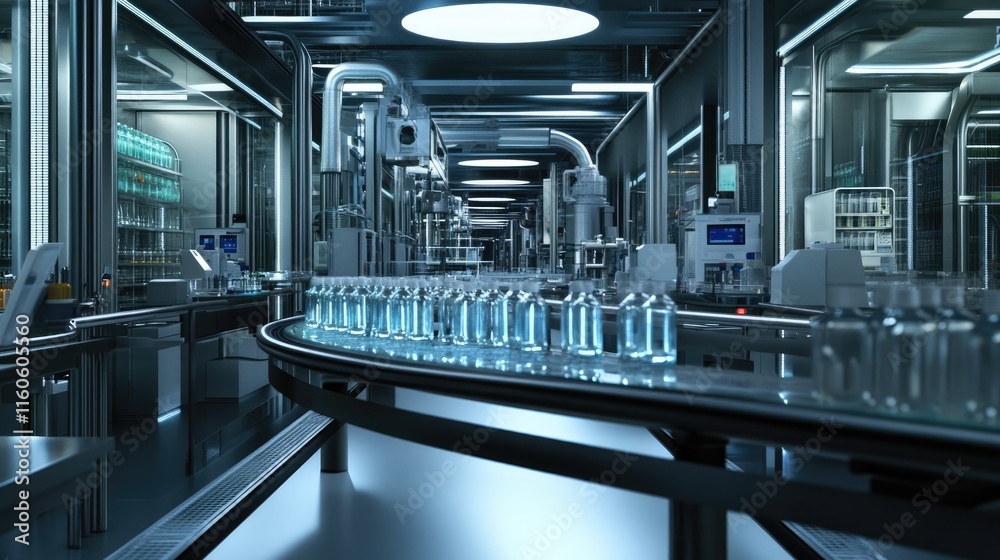 Poster high-tech pharmaceutical manufacturing facility with an automated conveyor line transporting glass b