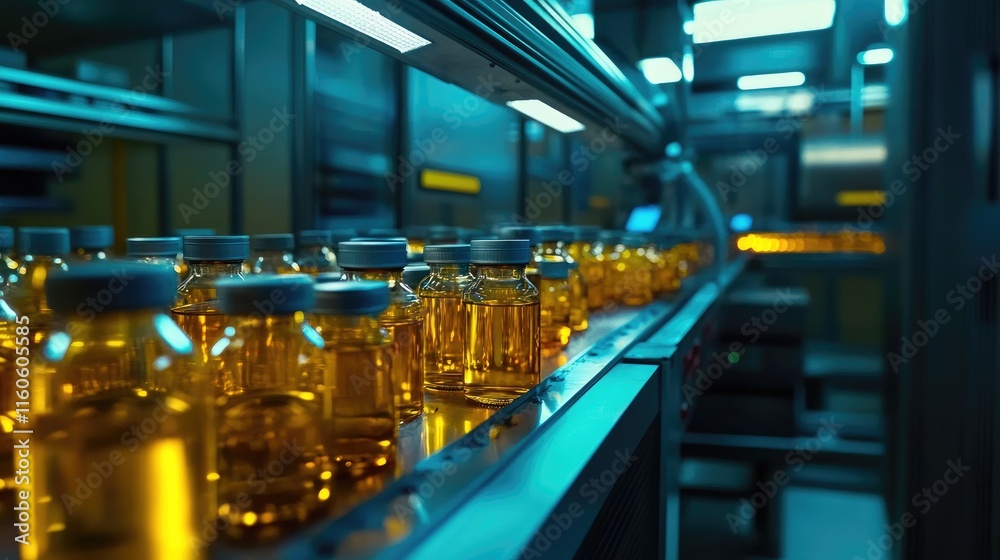Poster high-tech pharmaceutical manufacturing facility with an automated conveyor line transporting glass b