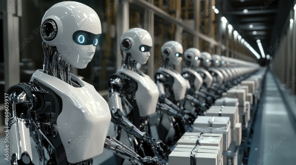 Poster High-tech robots autonomously sorting packages in a warehouse, improving operational efficiency and logistics automation.