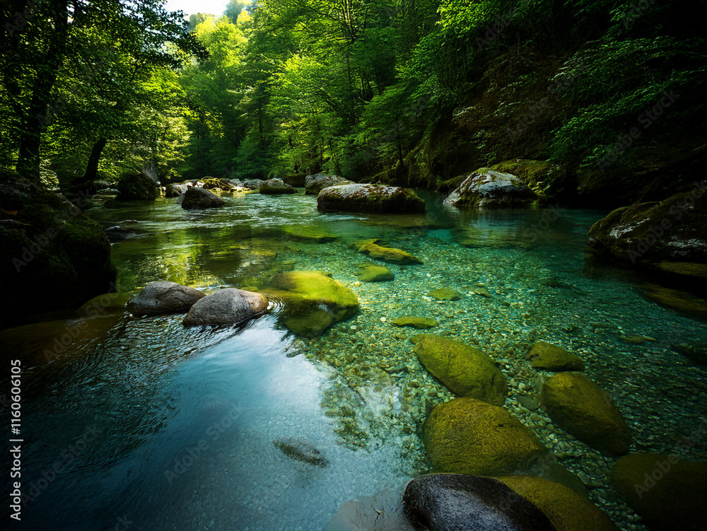 Poster Serene river scene with crystal-clear water flowing over smooth, moss-covered rocks, surrounded by lush green forest. Sunlight filters through the canopy, creating a tranquil atmosphere.