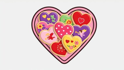 Colorful heart-shaped cookies decorated for a festive occasion in a heart-shaped box.