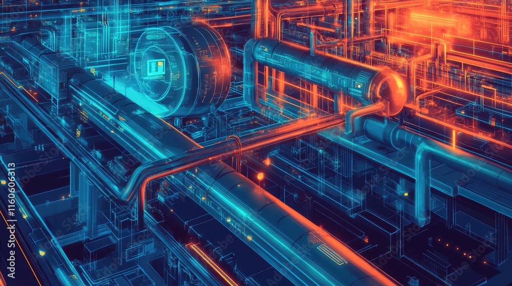 Poster illustration of a digital pipeline showcasing saas and automation, transforming various industries, 