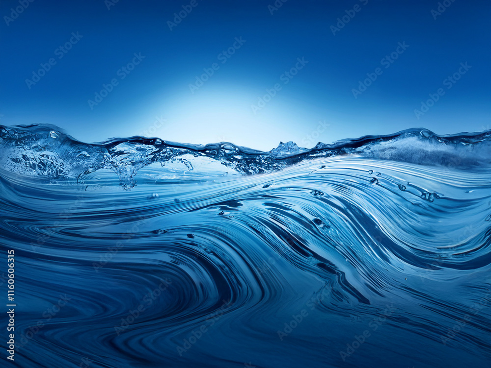 Poster Serene underwater scene.  Deep blue water flows in gentle waves, creating an abstract, tranquil image with a soft light source above.