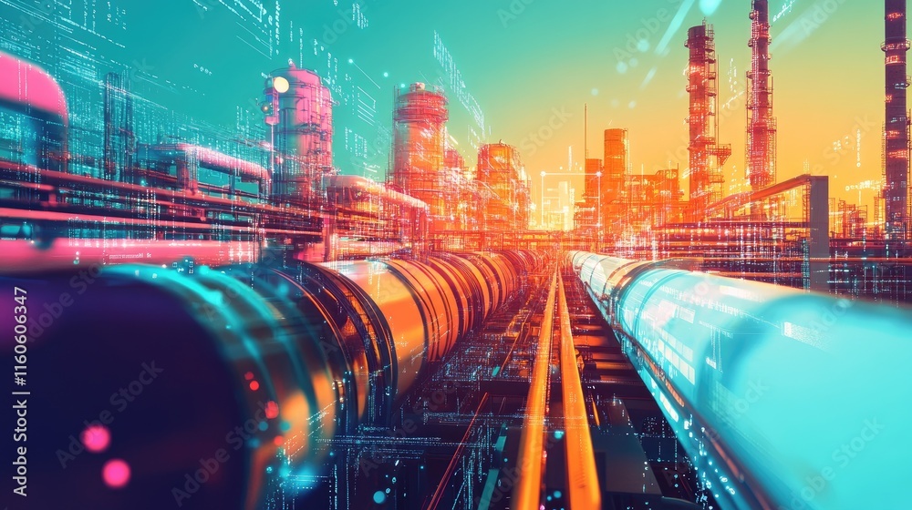Poster Illustration of a digital pipeline showcasing SaaS and automation, transforming various industries, with room for copy space.