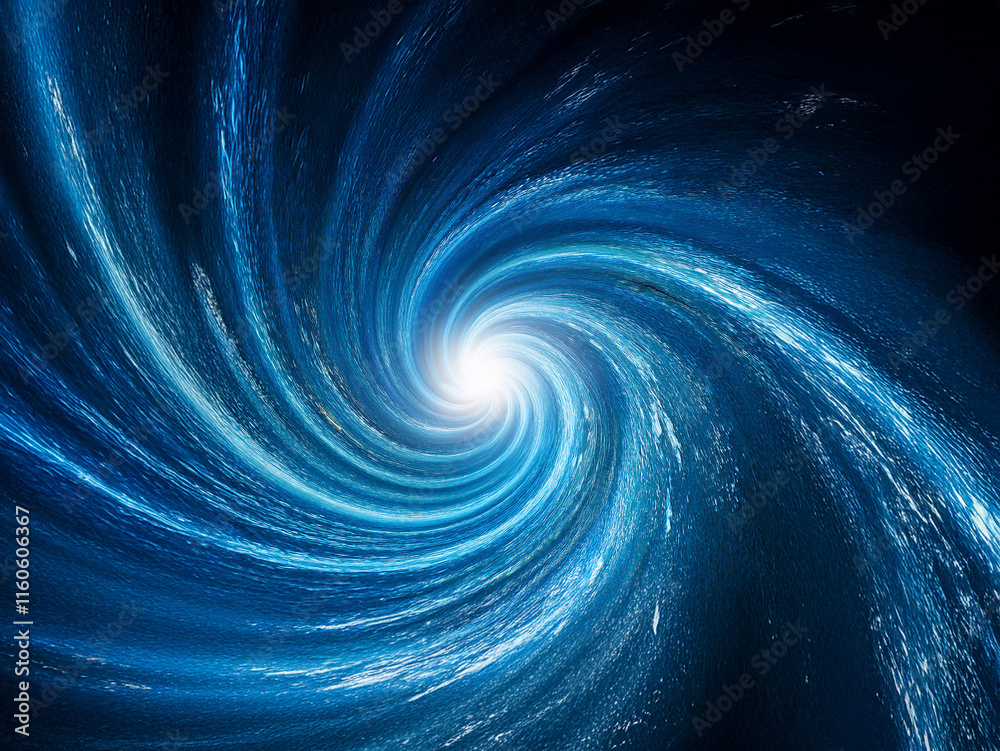 Poster a mesmerizing spiral of vibrant blue energy, swirling into a brilliant white light at its core, evok
