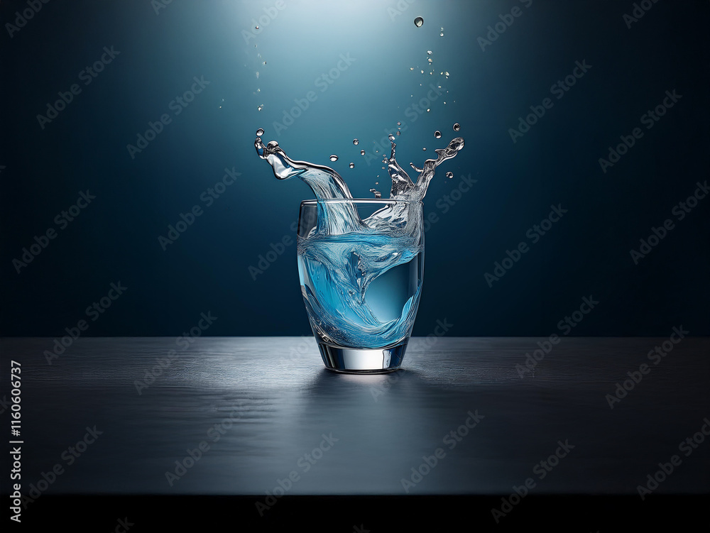 Aufkleber A glass of water with ice, dramatically splashed, sits on a dark surface, illuminated by a single light source.  The scene is moody and evocative of purity and refreshment.