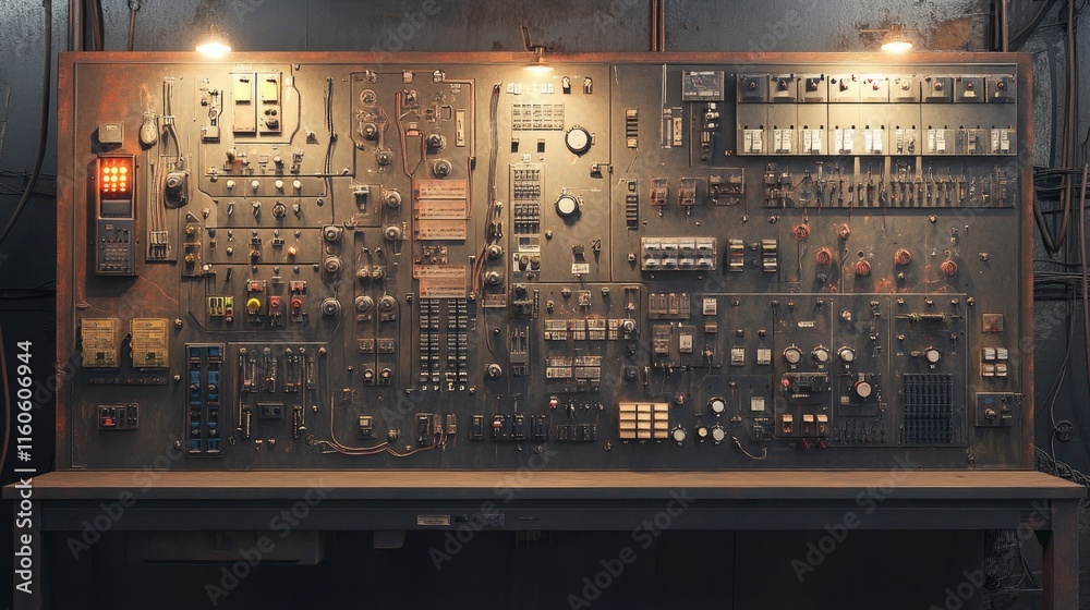 Poster industrial electricity control board with extensive wiring and switches, designed for managing energ