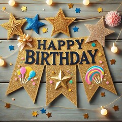 A glittery birthday banner adorned with stars, adding a touch of sparkle to the celebration. Generative AI