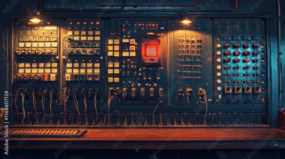 Poster Industrial switchboard with panel, wires, and switches designed for automation in enterprise operations and production management.