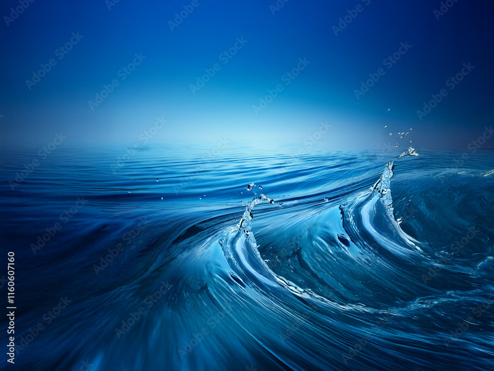 Poster serene ocean waves ripple under a deep blue sky. sunlight glints on the water's surface, creating a 