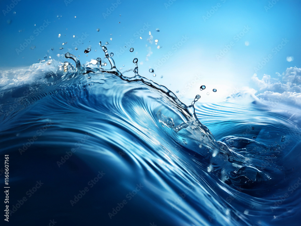 Poster dynamic ocean wave with splashing water, sunlight reflecting on the surface, creating a vibrant blue
