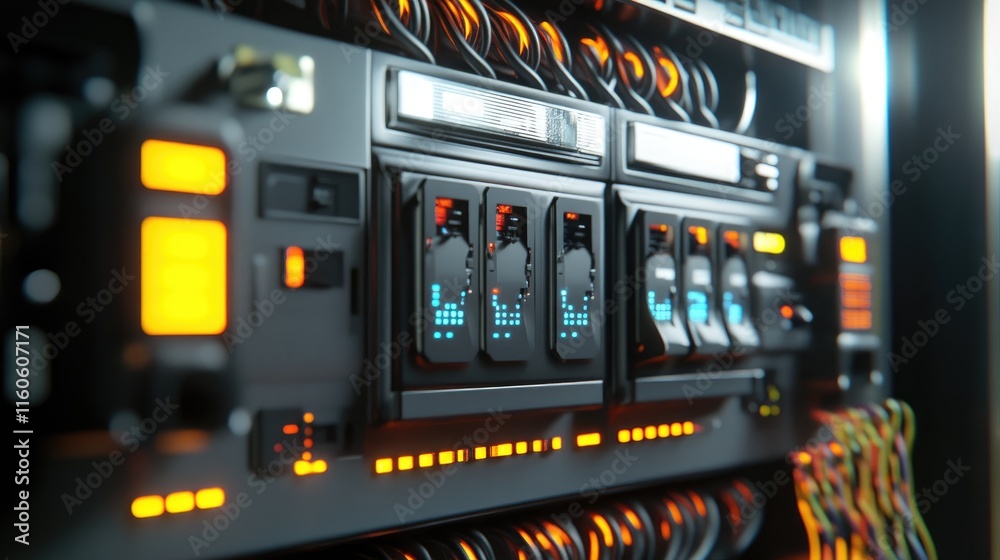 Poster Industrial switchboard with panel, wires, and switches designed for automation in enterprise operations and production management.