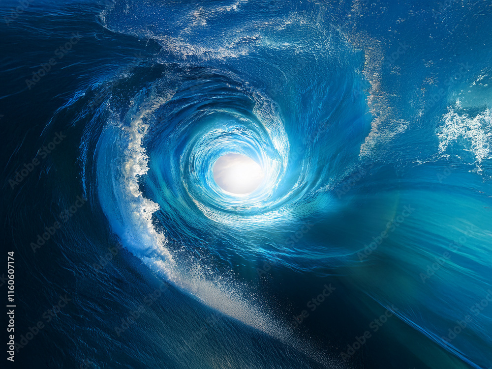 Poster a mesmerizing whirlpool of ocean water, swirling into a bright center. the deep blue hues and dynami