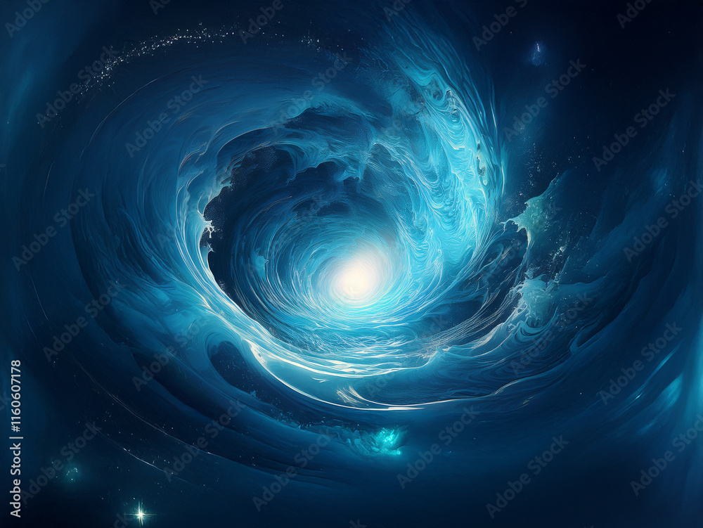 Poster a swirling vortex of luminous blue clouds opens to a bright, ethereal center, suggesting a portal or