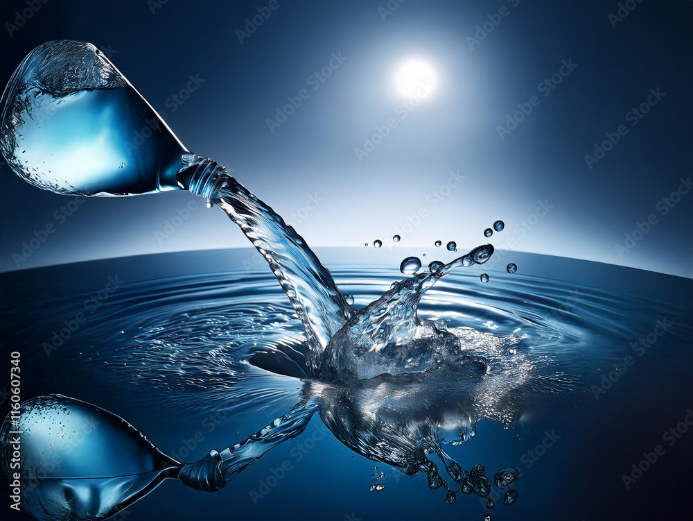 Poster water pours from a bottle into a vast, dark blue ocean, creating a dynamic splash under a bright sun