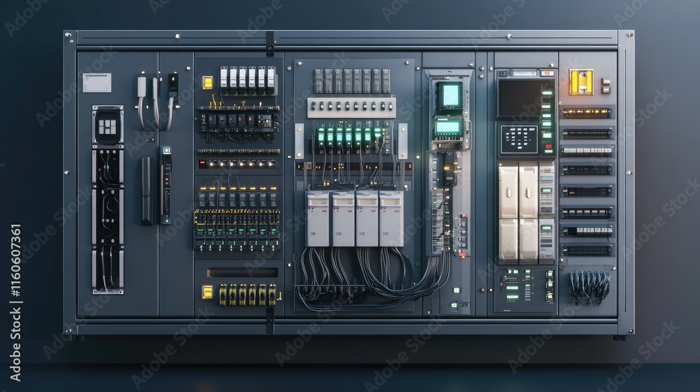 Poster industrial switchboard with panel, wires, and switches designed for automation in enterprise operati
