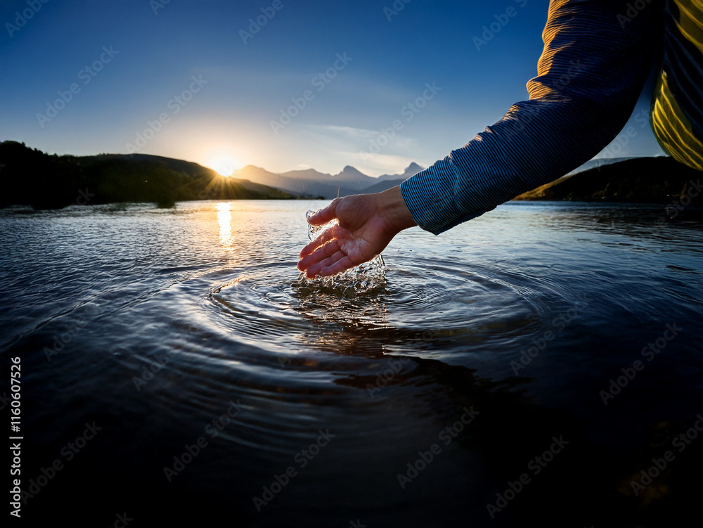 Poster a hand gently touches a calm lake at sunset, creating ripples. mountains are visible in the backgrou