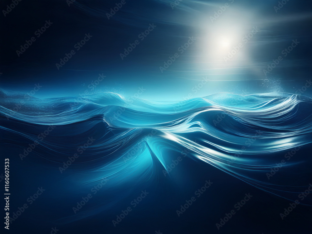 Poster serene abstract seascape. glowing light illuminates deep blue waves, creating a tranquil, dreamlike 
