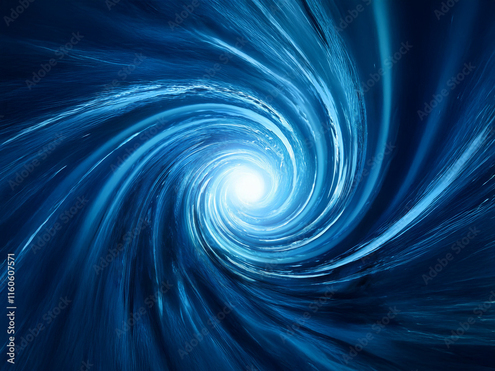 Poster a mesmerizing blue vortex spirals inward, converging towards a radiant white light at its core. the 