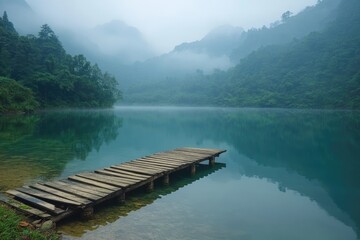 Wooden footbridge stretching into misty lake surrounded by lush green hills
