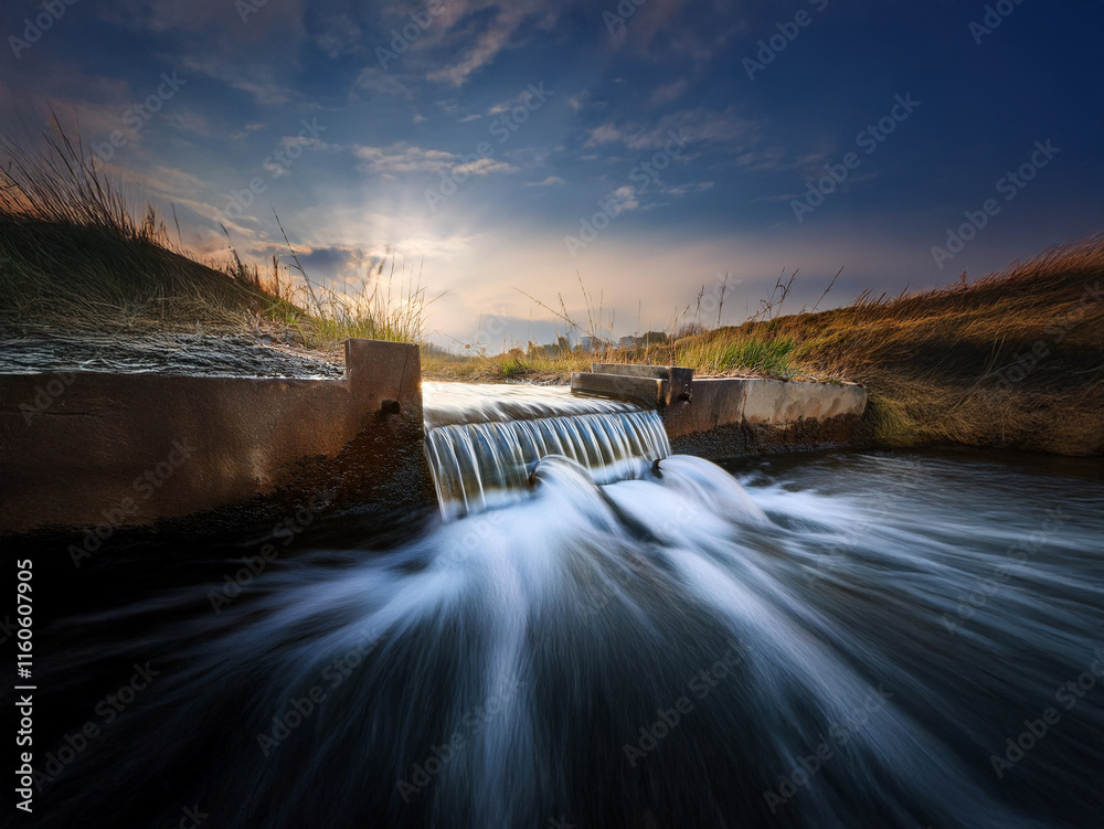 Poster serene sunset over a small cascading waterfall flowing through a rusty metal weir. the water appears