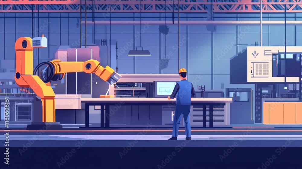 Poster Intelligent factory scene with engineer manager controlling robotic arms, monitoring welding operations through real-time software.