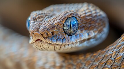 Obraz premium Intense close-up of a blue insularis viper snake's head, highlighting its sharp eyes and characteristic blue hues.