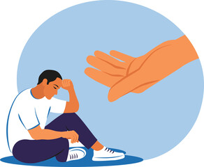Sad man getting help and cure from stress. Psychotherapy, help and support, a counseling session concept. Helping hand.