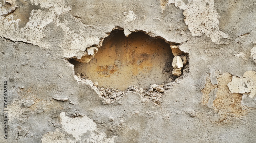 Poster isolated image of a hole in the wall, showing the damage with a stark contrast against the plain sur