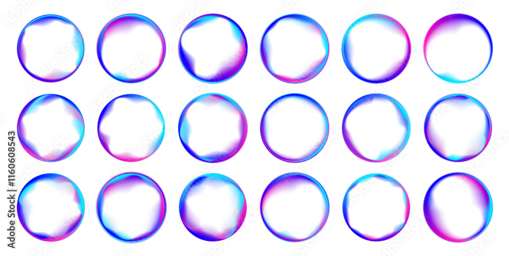 Poster Set of bright color gradient neon circles round curve shape with wavy dynamic lines in PNG format on white background. Top view in futuristic style for it projects.