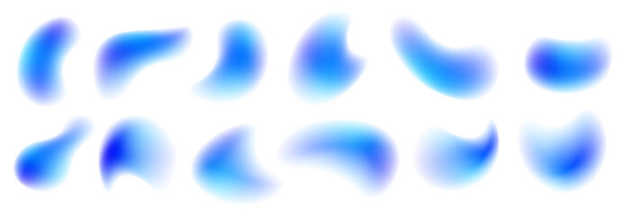 Rainbow blue drops of water, liquid or holograms of irregular free organic shapes. Transparent blue sparkling water splash element with blue gradient.