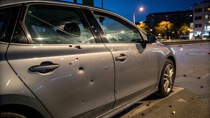 Bullet hole in shattered glass close-up