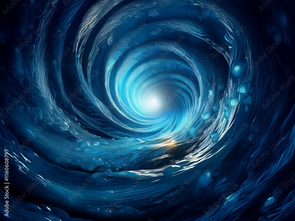 Poster a mesmerizing swirling vortex of deep blues and luminous center, suggesting a journey into the unkno