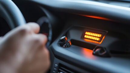 Fototapeta premium Car with an illuminated check engine light on the dashboard. Featuring a concerned driver