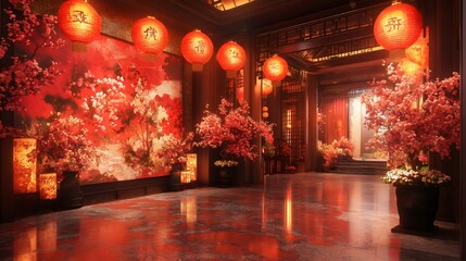 Obraz premium Red lanterns illuminating traditional chinese building interior decorated with cherry blossoms