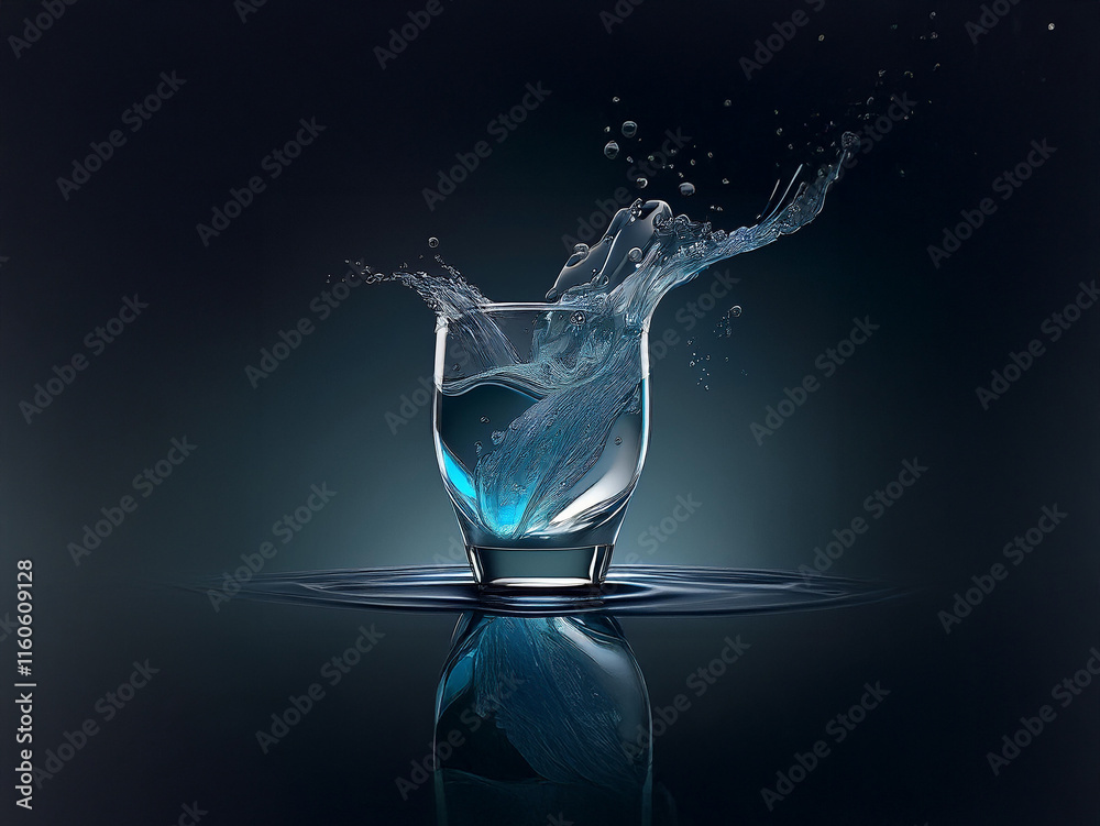 Aufkleber a glass of water with a splash, reflecting on a dark surface. the water is a vibrant blue, creating 