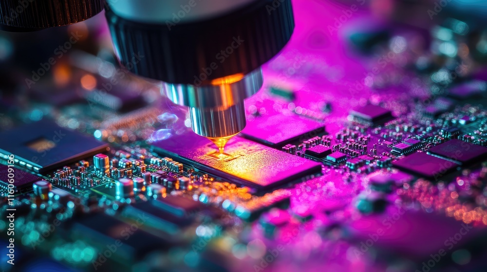 Poster Lab technician inspecting microchip transistors under a microscope for quality control in automated manufacturing of PCBs.