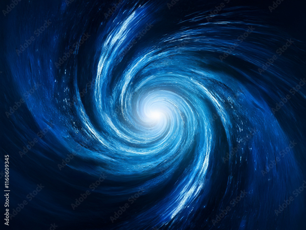 Poster a mesmerizing blue vortex spirals inward, converging towards a bright center against a dark backdrop