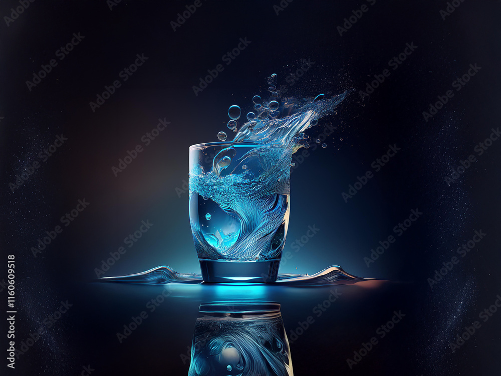 Aufkleber a glass of water, dynamically depicted, with a splash frozen in time. blue hues illuminate the scene
