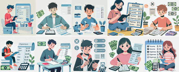 Vector set of a teenager recording income and expenses in a simple flat design style